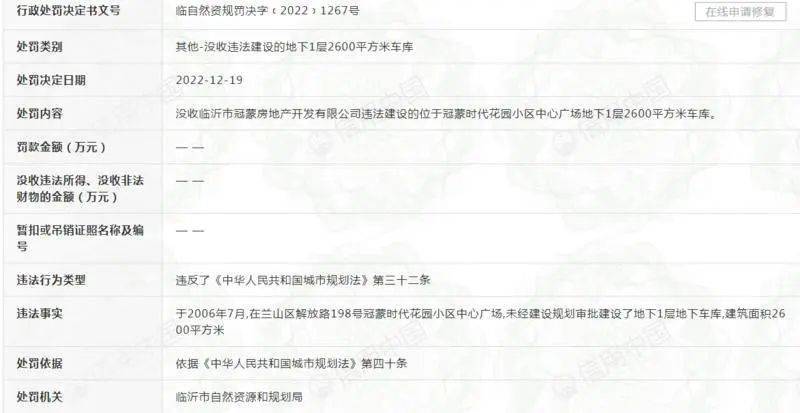 体育皇冠信用网站_未经审批擅自建设地下车库体育皇冠信用网站,临沂一房地产开发有限公司被罚