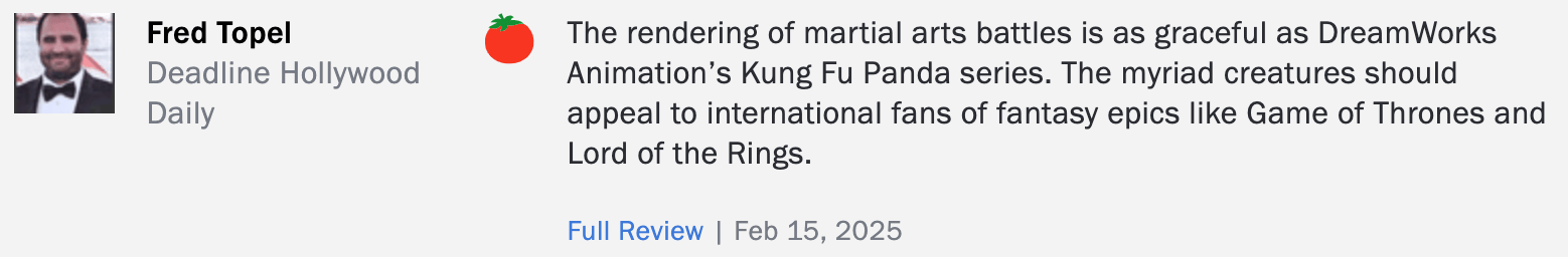 皇冠球盘app_国外影评人:《哪吒2》对武打场面渲染如《功夫熊猫》一样优美