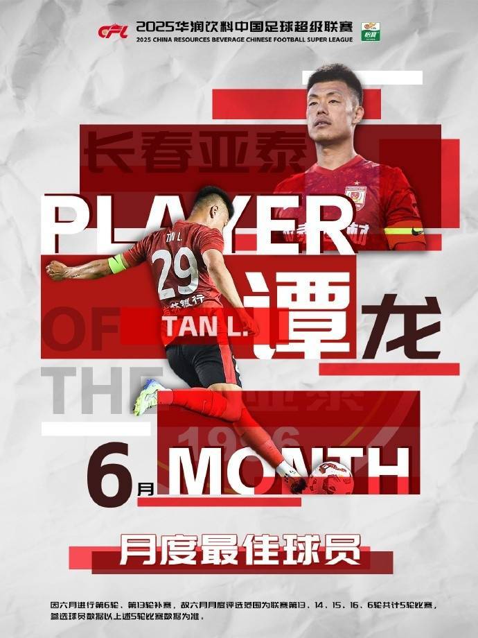 皇冠信用网登3代理_5场4球皇冠信用网登3代理!中超官方:37岁长春亚泰前锋谭龙当选6月最佳球员