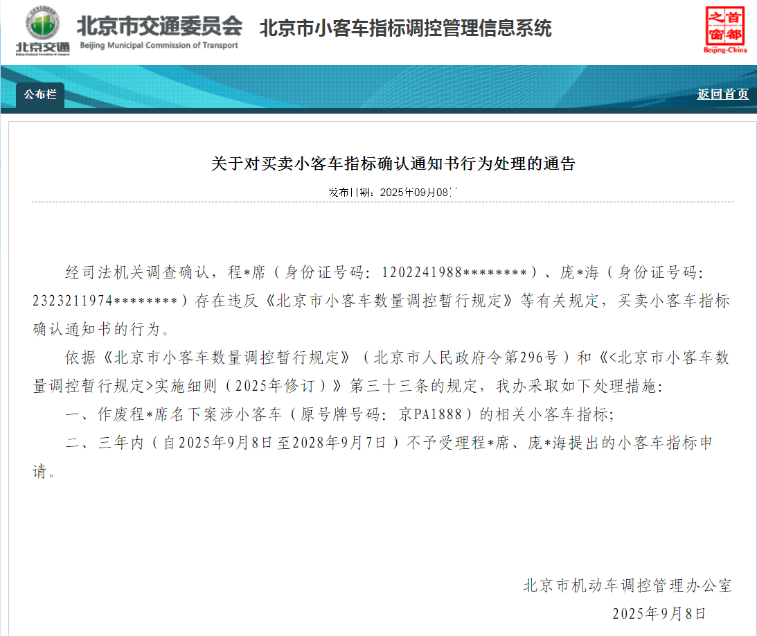 皇冠信用网注册_北京:违规买卖小客车指标确认通知书 6人被处理
